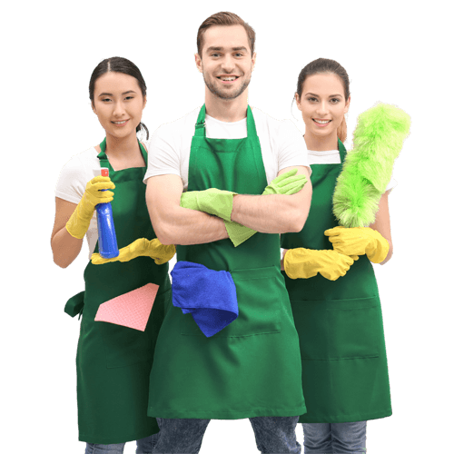Professional cleaner with cleaning supplies